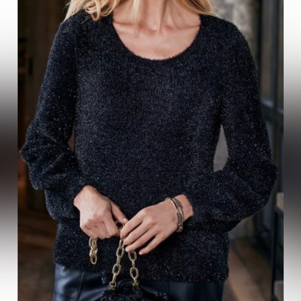 Soft Sourroundings Ciara Sparkle Balloon Sleeves Black Pullover Size XL
